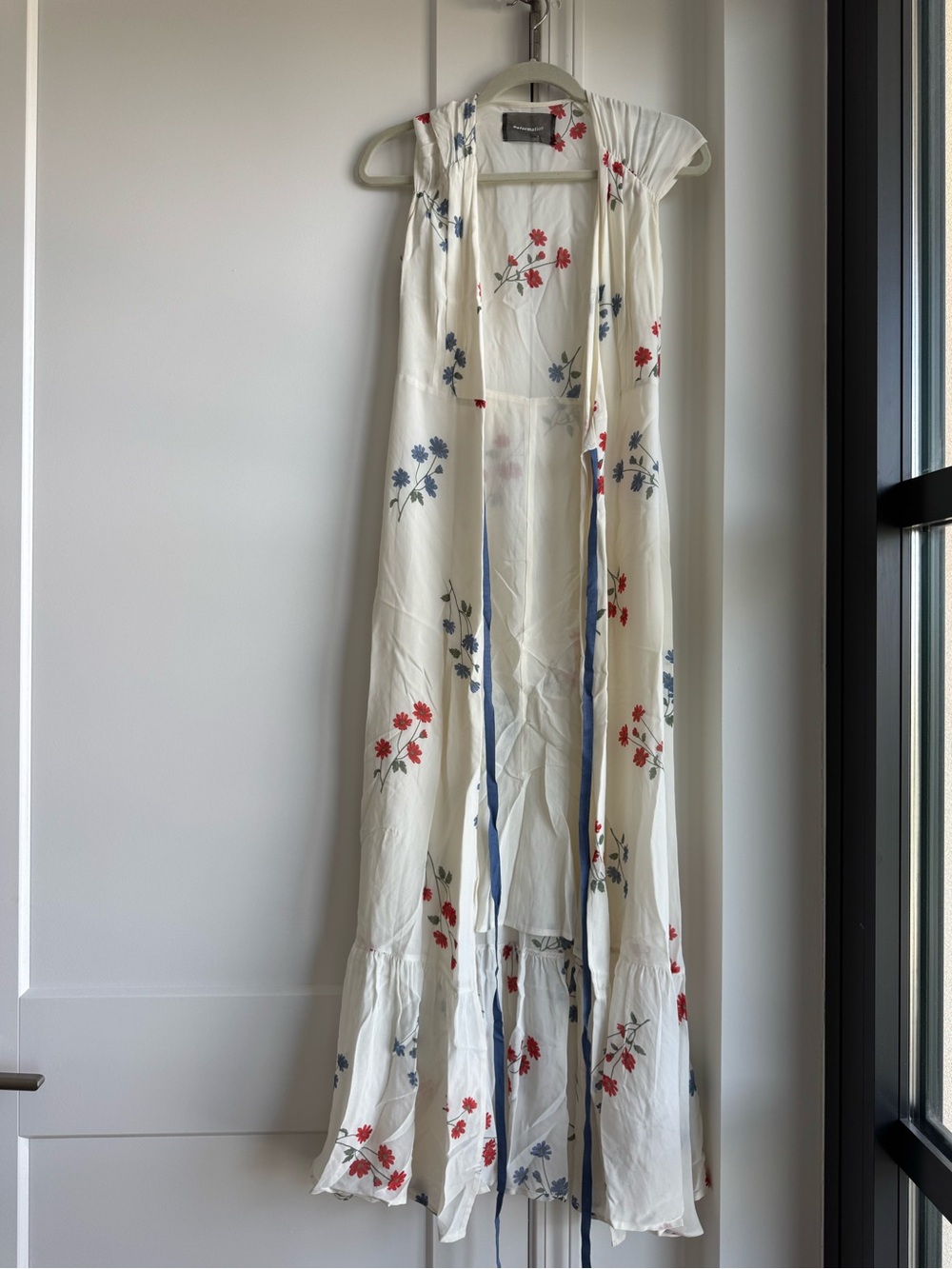 Reformation White Maxi Dress with Red and Blue Floral Print
